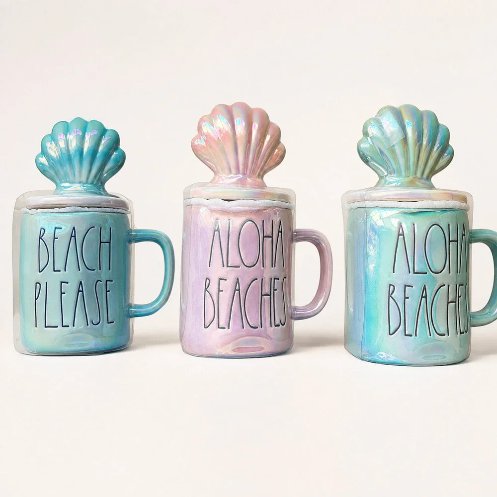 Rae Dunn Iridescent Pink 'Aloha Beaches' Mug w/ Shell Lid